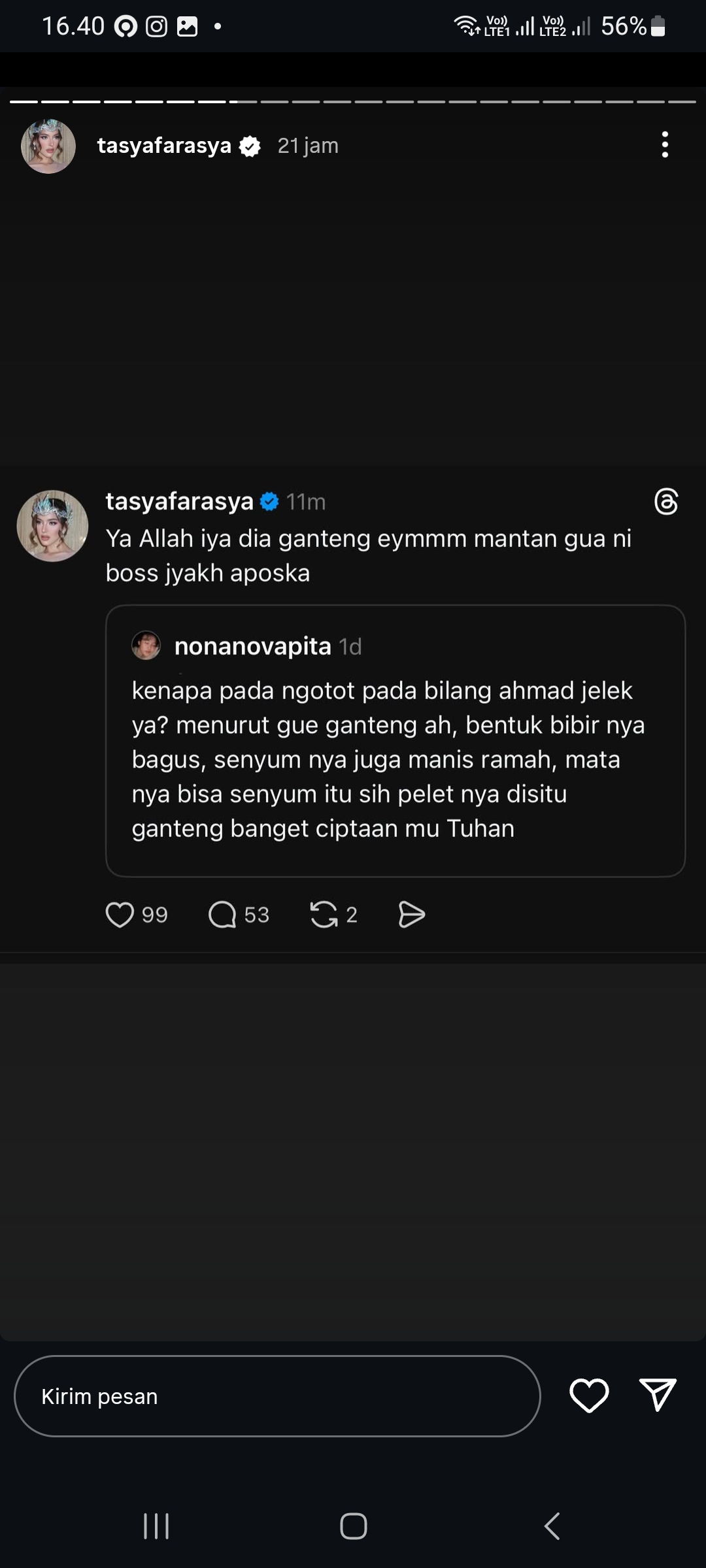 Unggahan Insta Story Tasya Farasya puji kegantengan Ahmad Assegaf (ss Instagram@tasyafarasya)